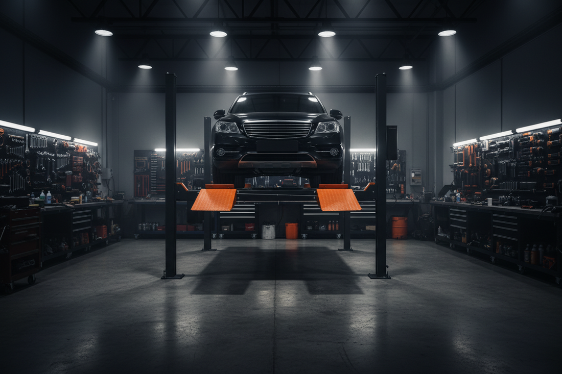 How to Install a 4-Post Car Lift - Katool KT-4H110 elevated in professional auto shop
