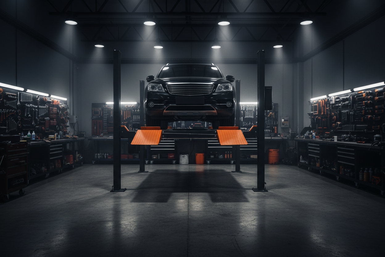 How to Install a 4-Post Car Lift - Katool KT-4H110 elevated in professional auto shop