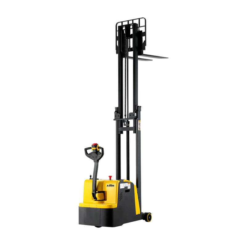 Counterbalanced pallet stacker with tall mast, yellow base and black forks