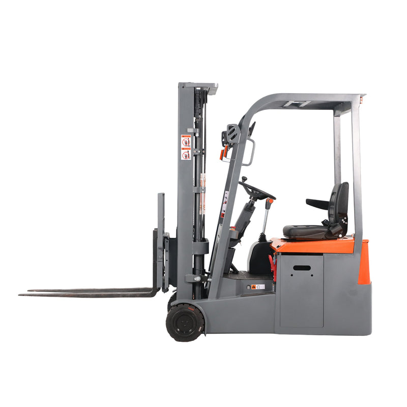Three-wheel electric forklift, gray body with orange accents, raised mast and forks