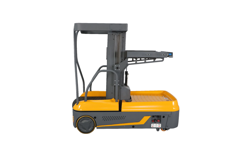 Yellow and gray order picker with lift platform and hand controls