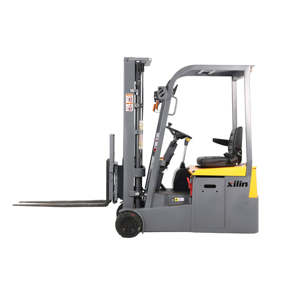 Gray electric forklift with elevated mast, black seat, and side control levers