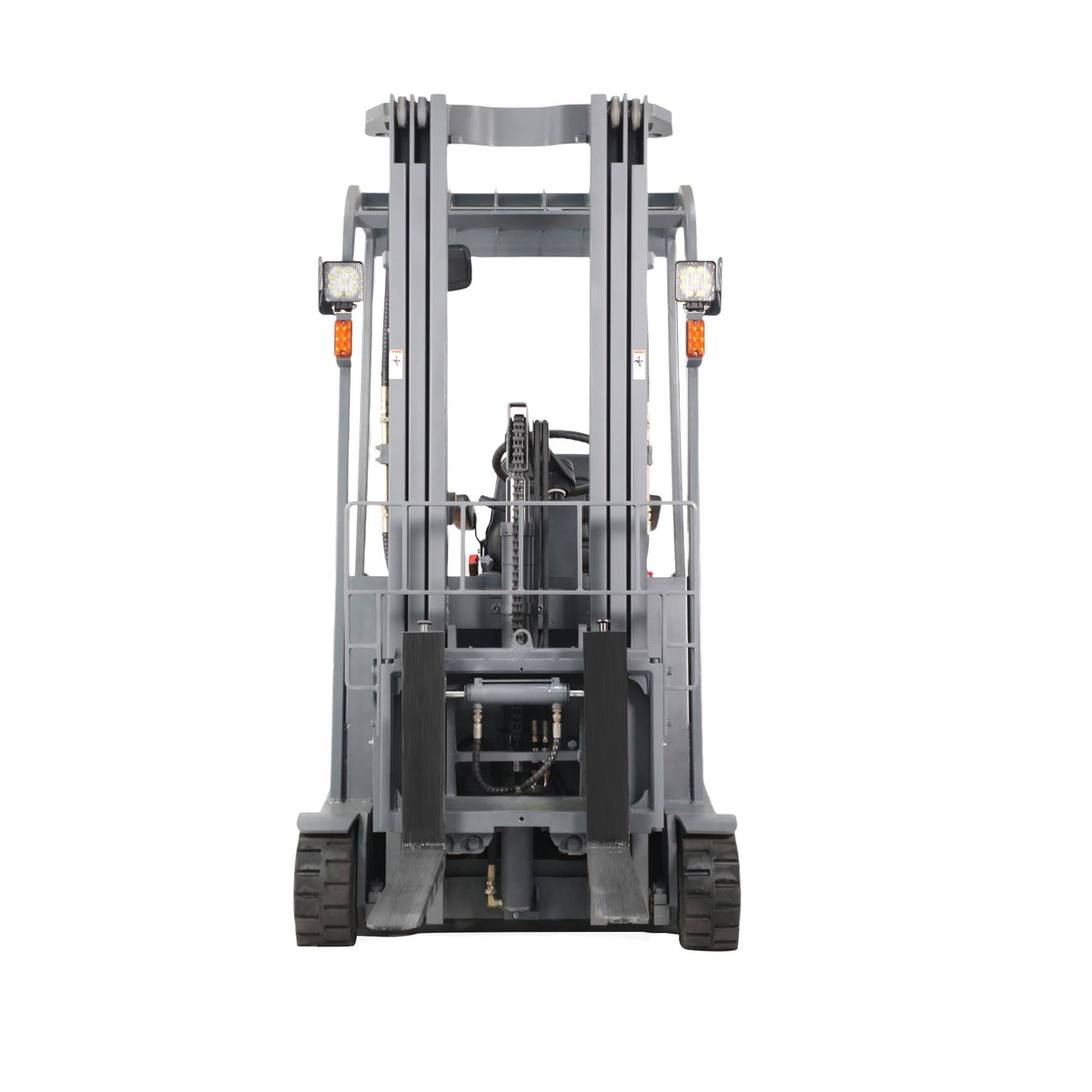Rear view electric forklift showing twin fork carriage and upright mast