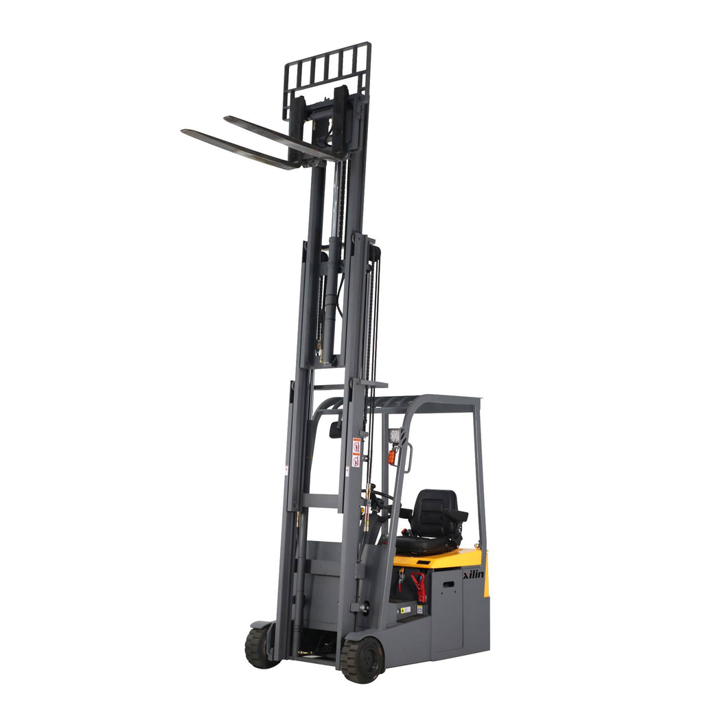 Side view electric forklift with tall mast, front forks, and steering controls