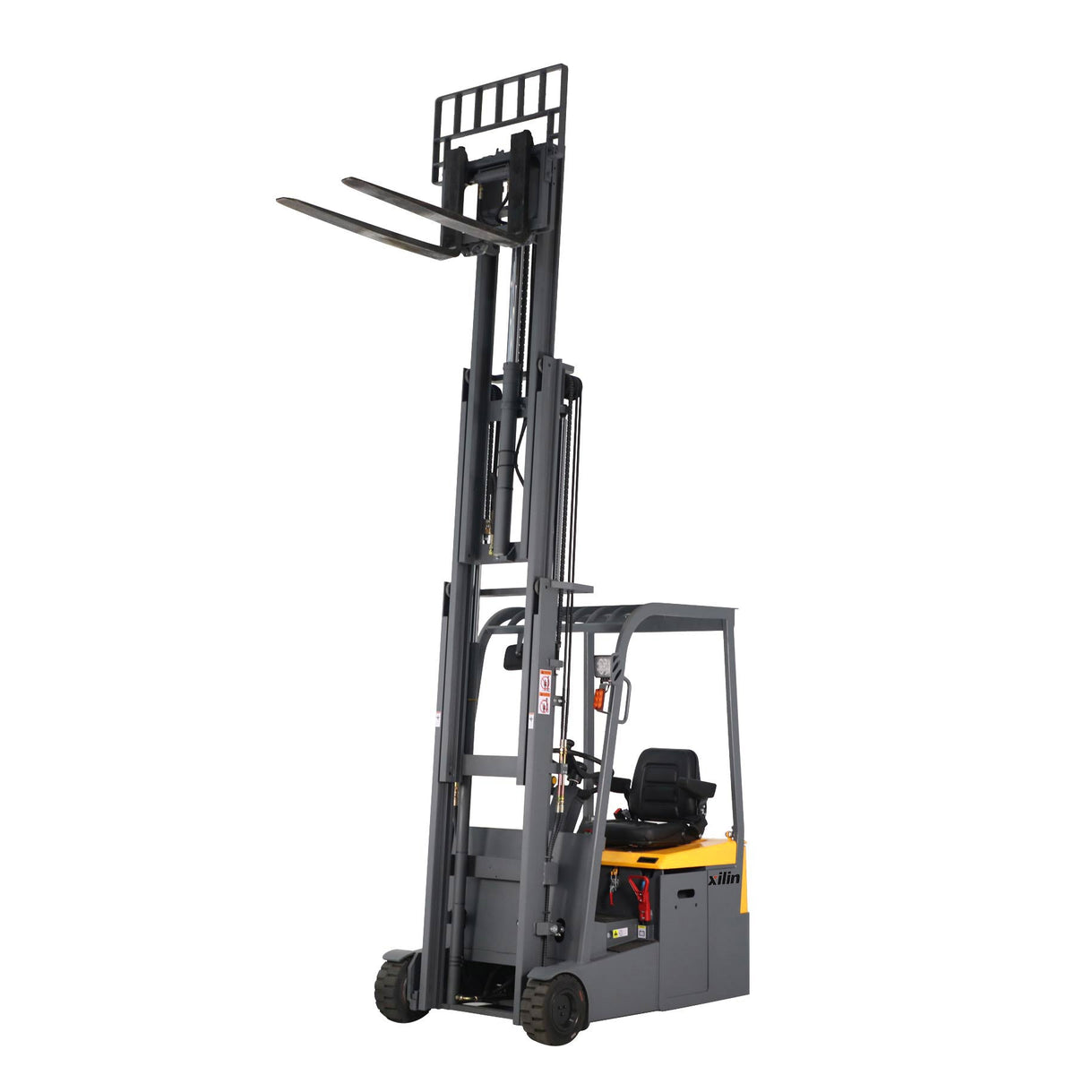 Side view electric forklift with tall mast, front forks, and steering controls