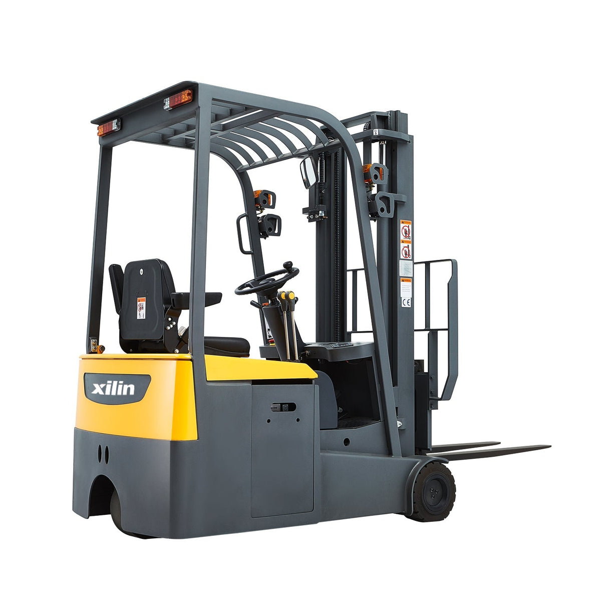 Electric forklift with overhead guard, black seat, and yellow accent front panel