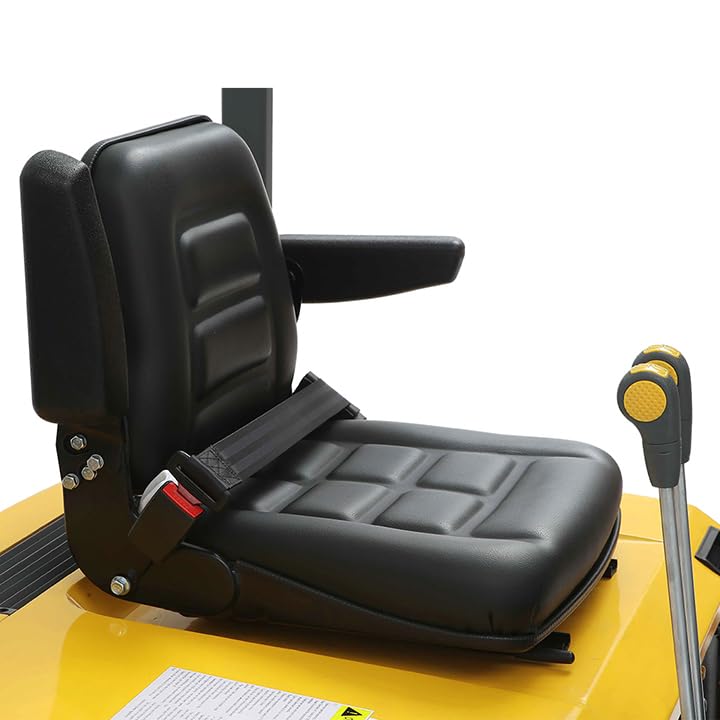 Black padded operator seat with armrest and yellow control handle on forklift