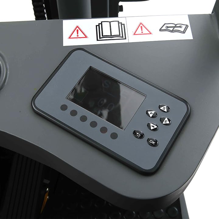 Electric forklift control panel with touchscreen display and button cluster