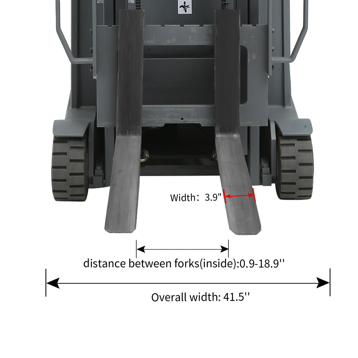 Electric forklift fork-and-width measurement view with front fork tips