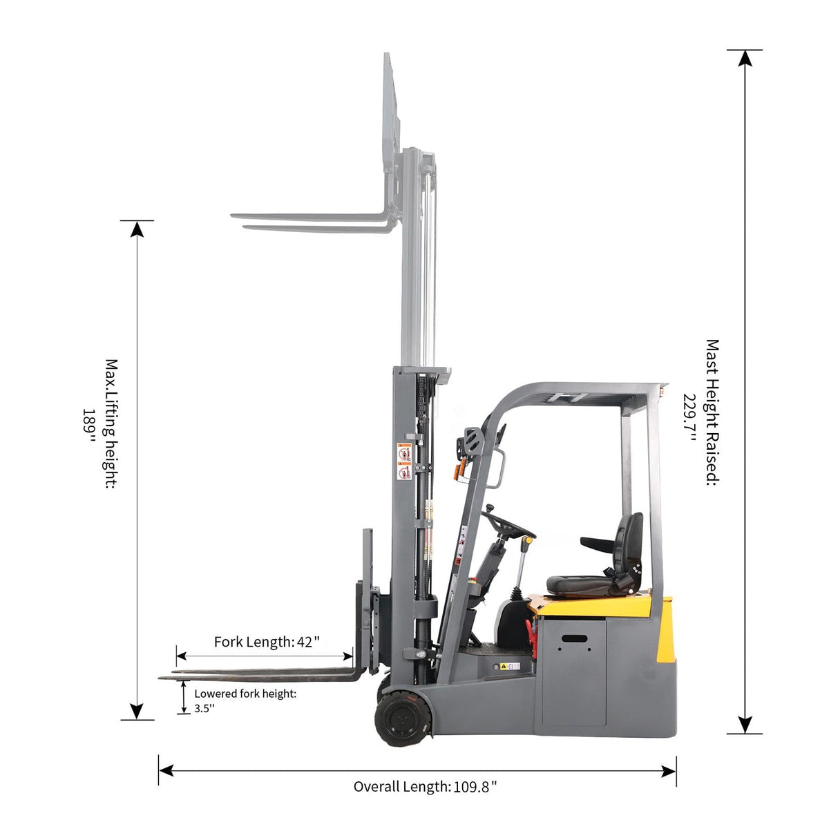 Electric forklift size diagram showing mast, forks, and operator seat outline