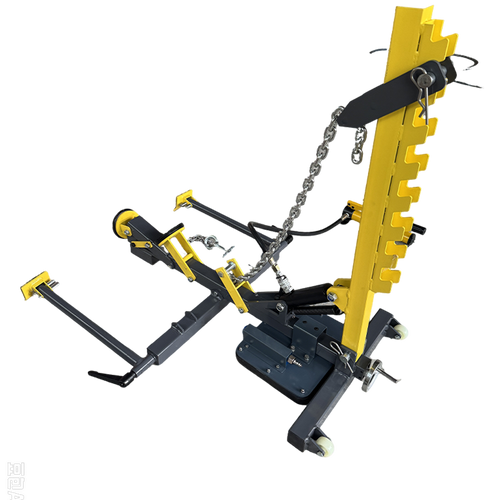 Hydraulic sheet metal repair device isolated: yellow upright, black base, chain, and arms