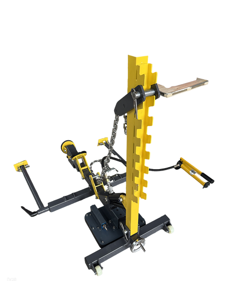 Hydraulic sheet metal repair device with tall yellow frame and black base