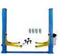 Two-post car lift frame with blue columns and yellow arms, with steel guide rollers