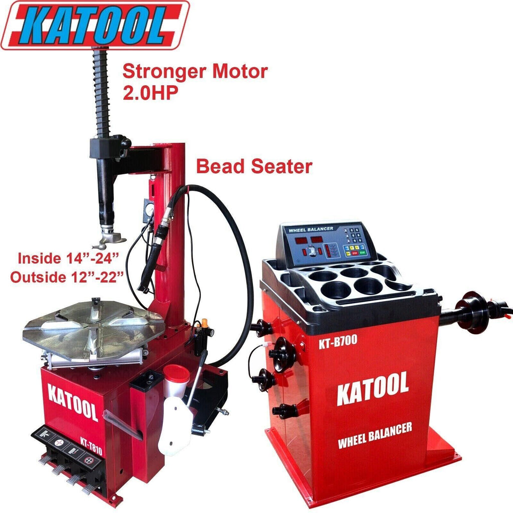Katool tire changer and wheel balancer combo, red units with bead seater and control panel