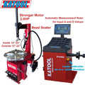 Tire changer with bead seater, red base, black column, includes control screen