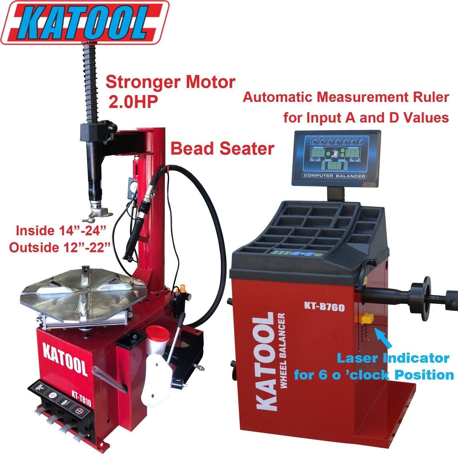Tire changer with bead seater, red base, black column, includes control screen