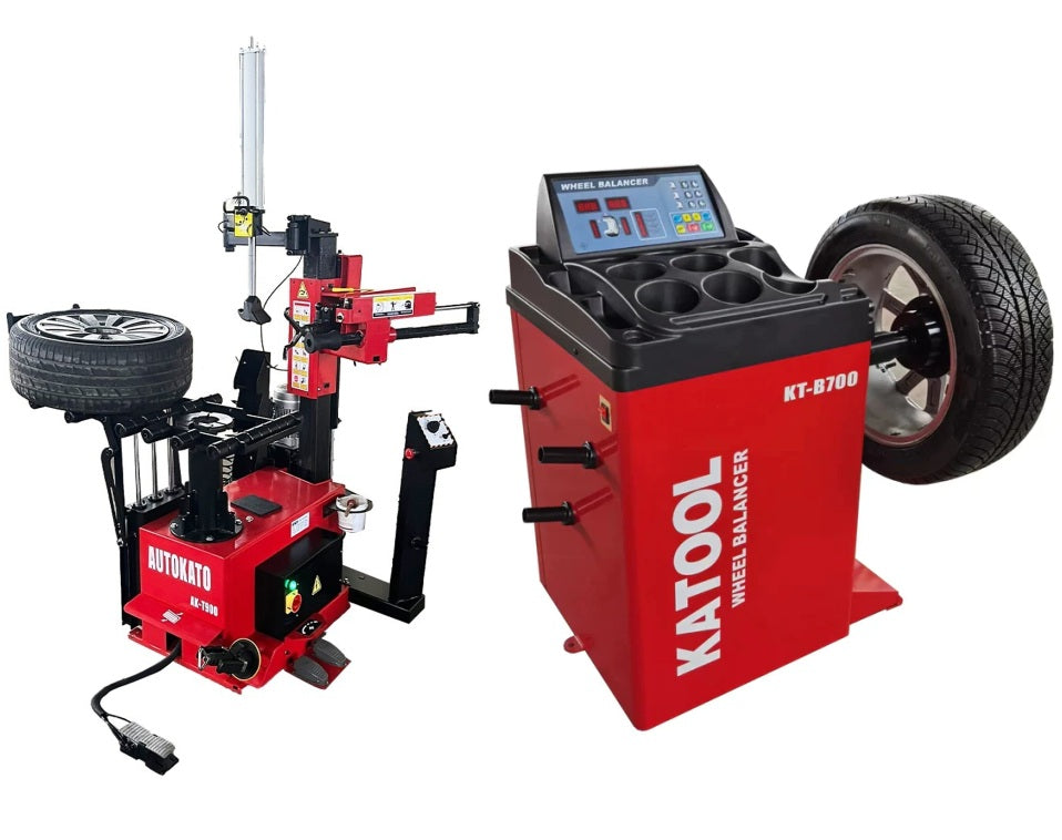 Katool tire changer and wheel balancer combo with red machines and mounted tire