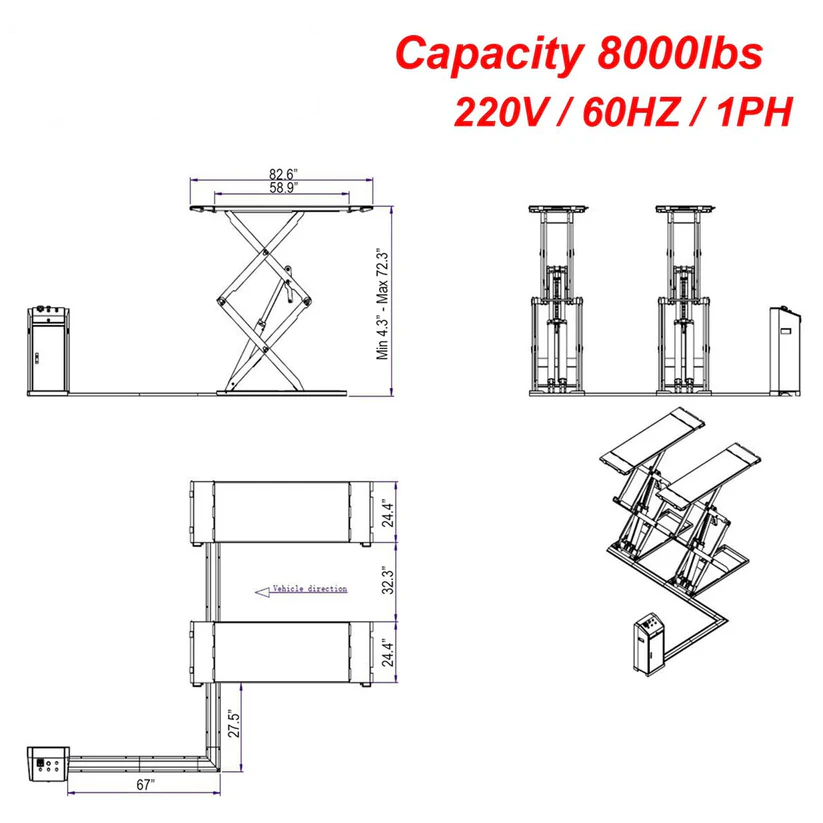 In-ground scissor lift technical layout with orange lift frames and control cabinet