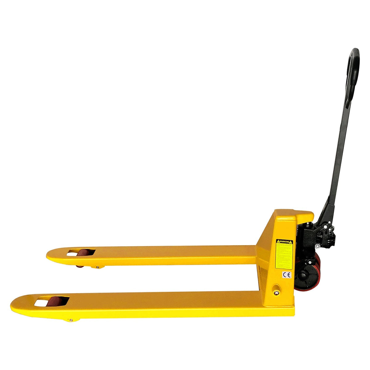 Yellow manual pallet jack with black handle and fork for moving pallets