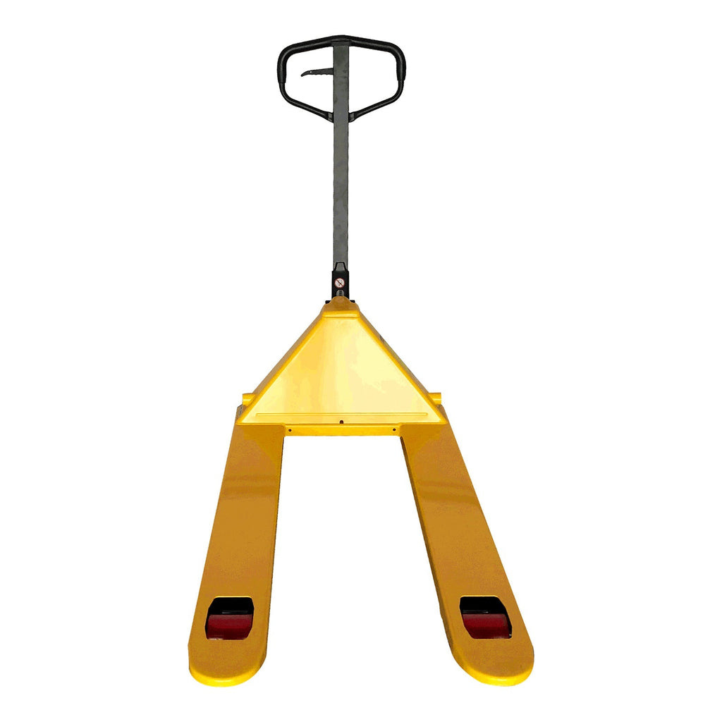 Yellow manual pallet jack with raised forks and central lifting handle