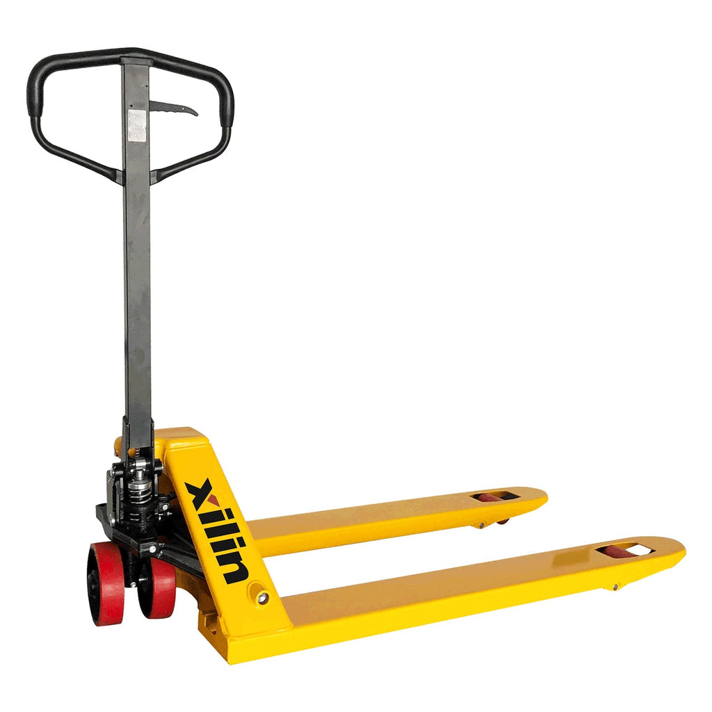 Manual pallet jack with yellow forks, black handle, and red front wheels