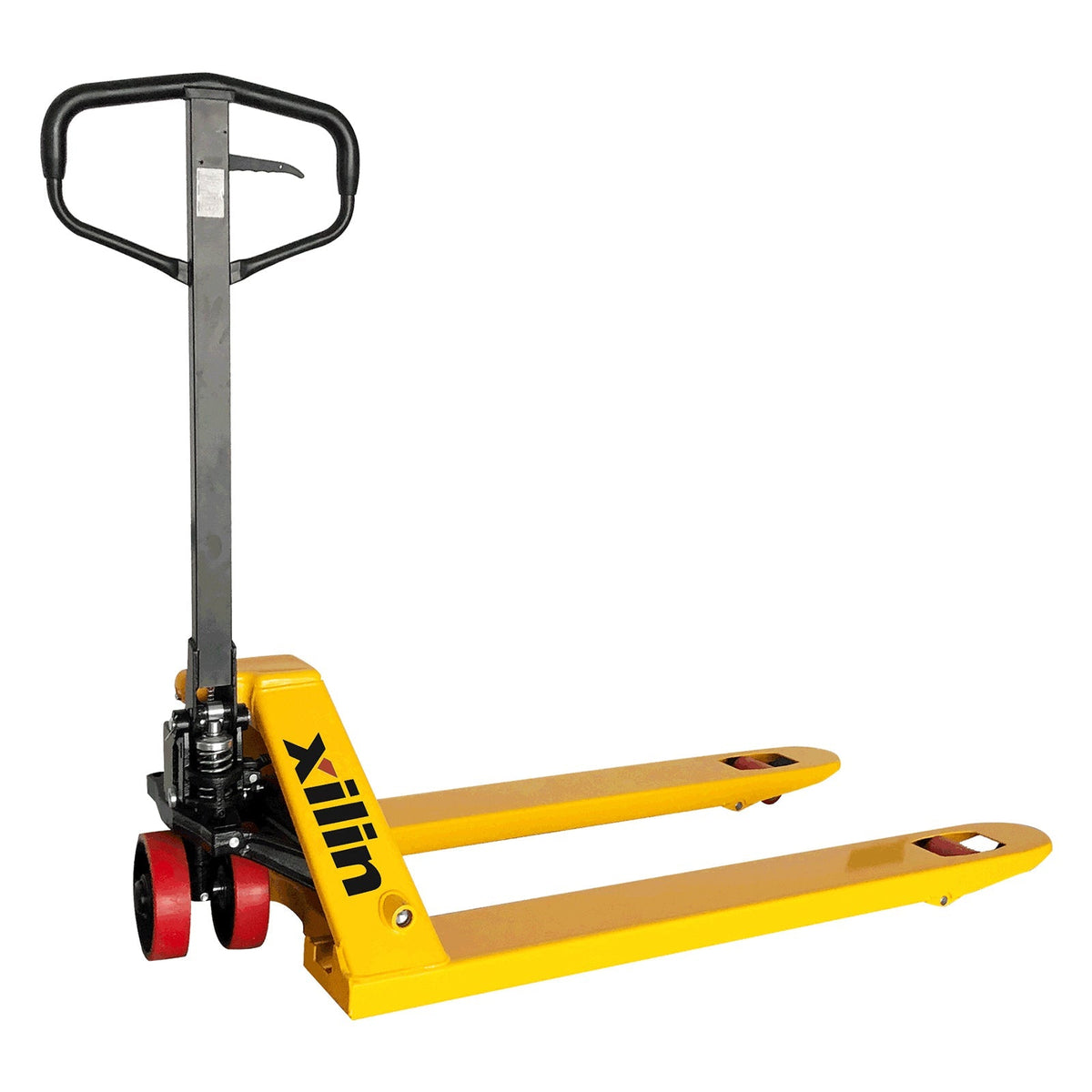 Manual pallet jack with yellow forks, black handle, and red front wheels