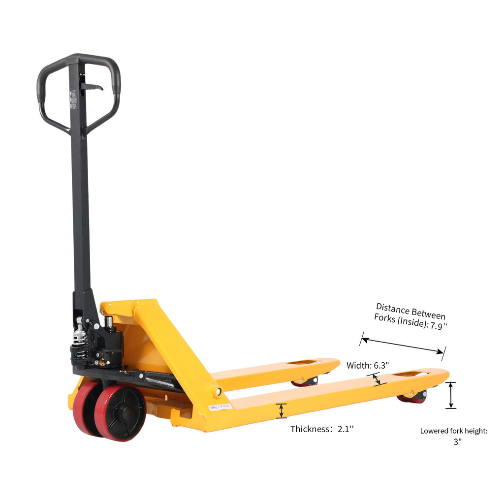 Yellow manual pallet jack side view with diagram labels for fork spacing and width