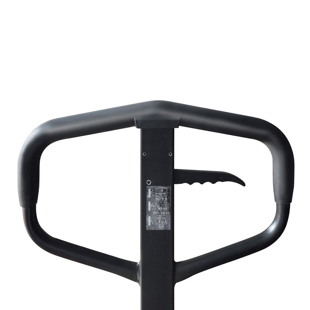 Black handle assembly with control label on yellow manual pallet jack