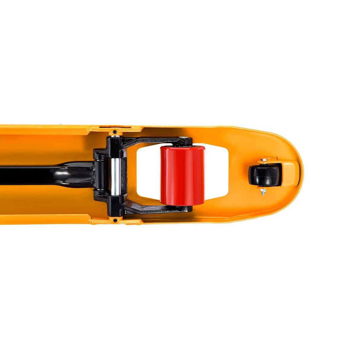 Orange manual pallet jack lift mechanism with red hydraulic jack and black rollers
