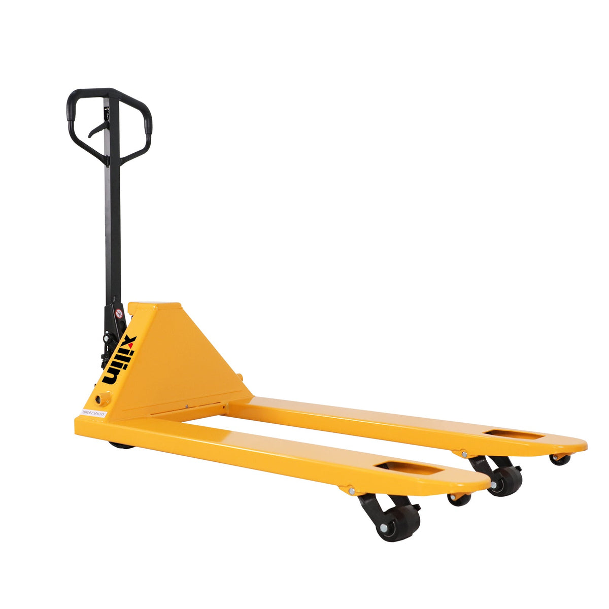 Xilin manual pallet jack with yellow forks, black handle, and four caster wheels