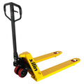 Manual pallet jack with black handle, yellow forks and dual red caster wheels