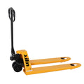 Manual pallet jack, yellow fork truck with black handle and wheels