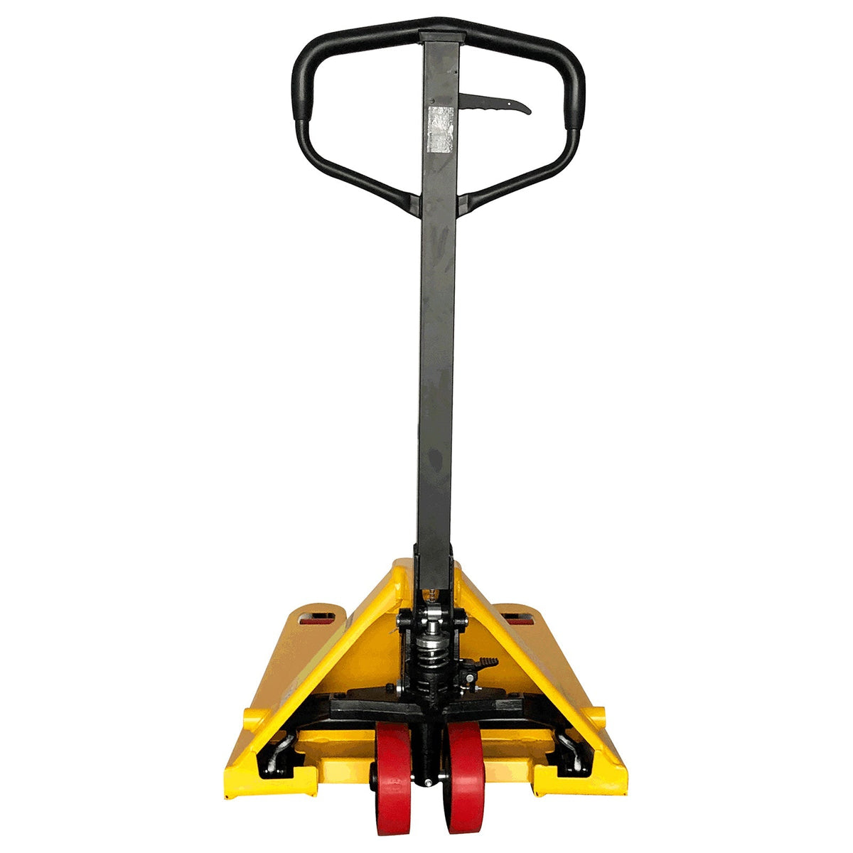 Yellow manual pallet jack showing hydraulic pump and red rollers beneath forks