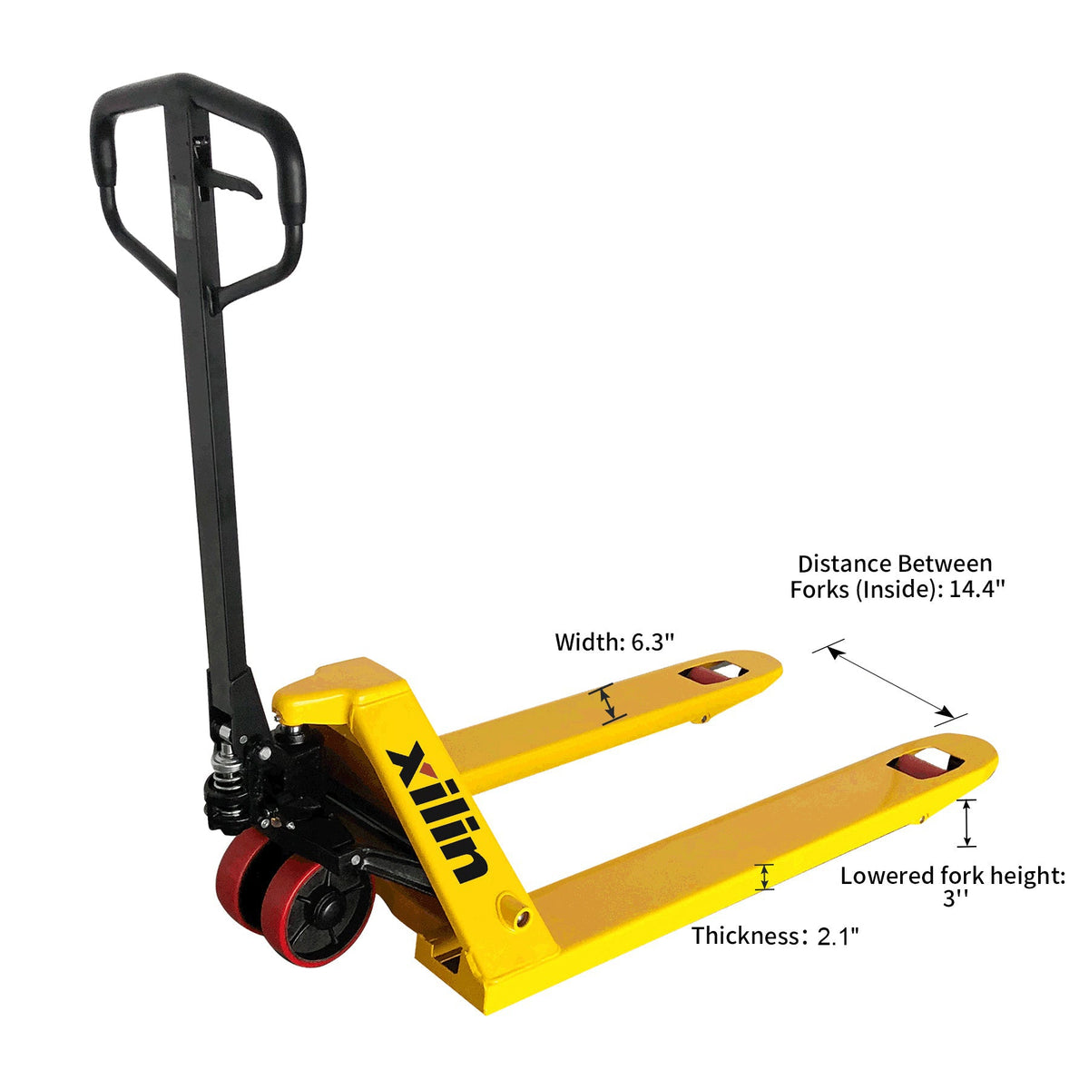 Manual pallet jack with dimensions: 63.3in length, 6.3in width, 14.4in forks