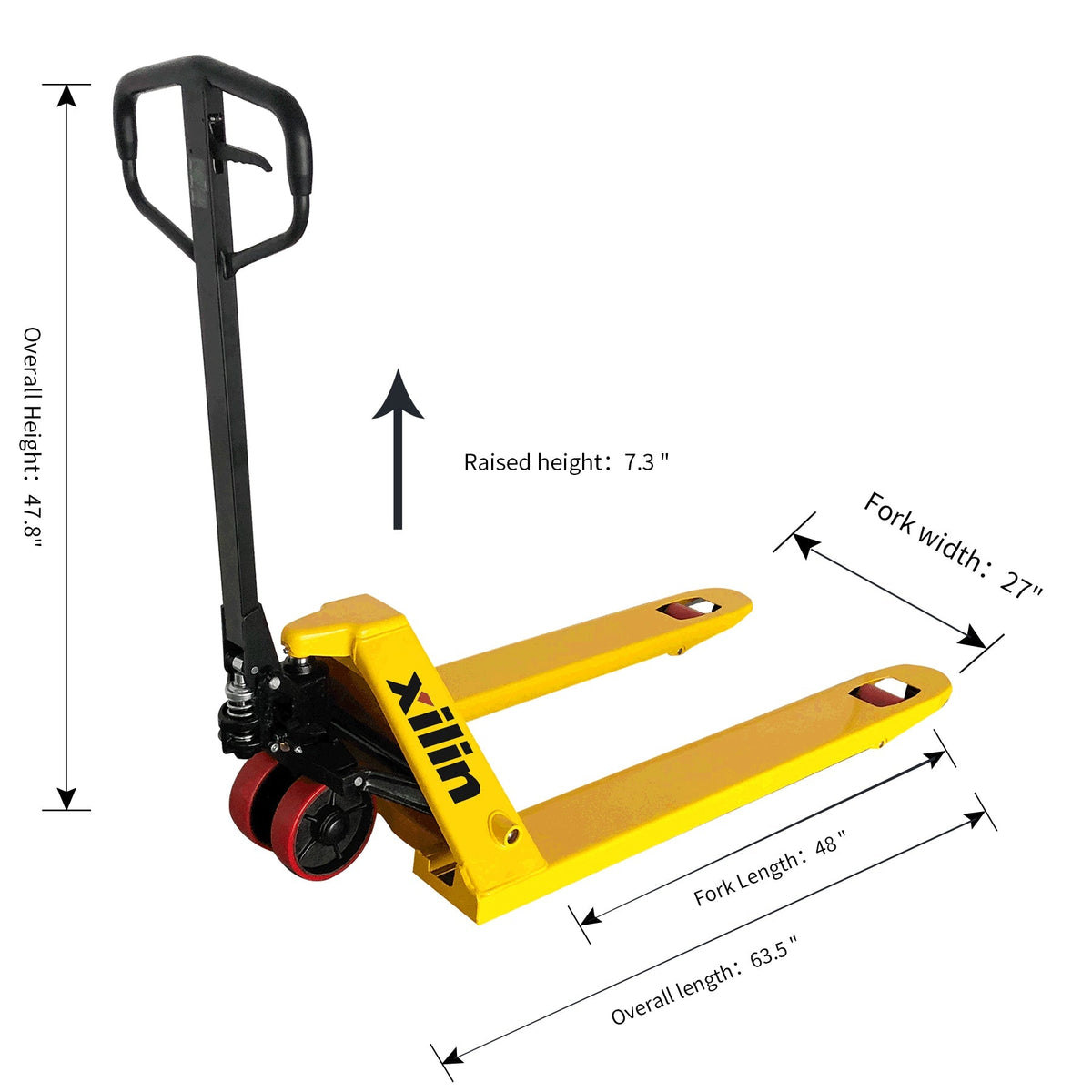 Manual pallet jack with dimensions: raised 7.3in height; fork width 2.7in; overall 65.5in