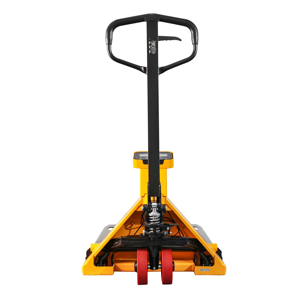Scale pallet jack with yellow base frame, black fork supports, red lift hardware