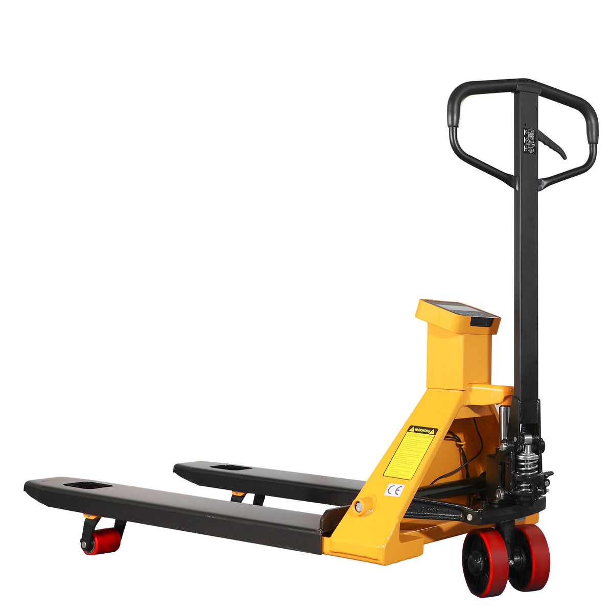 Scale pallet jack with extended black forks, yellow platform, red caster wheels
