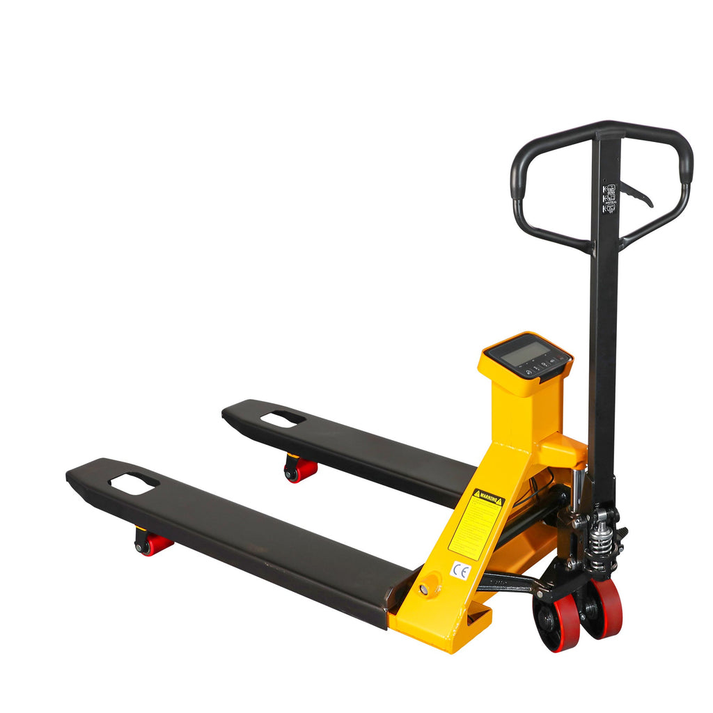 Scale pallet jack with black forks and yellow body, display on top column