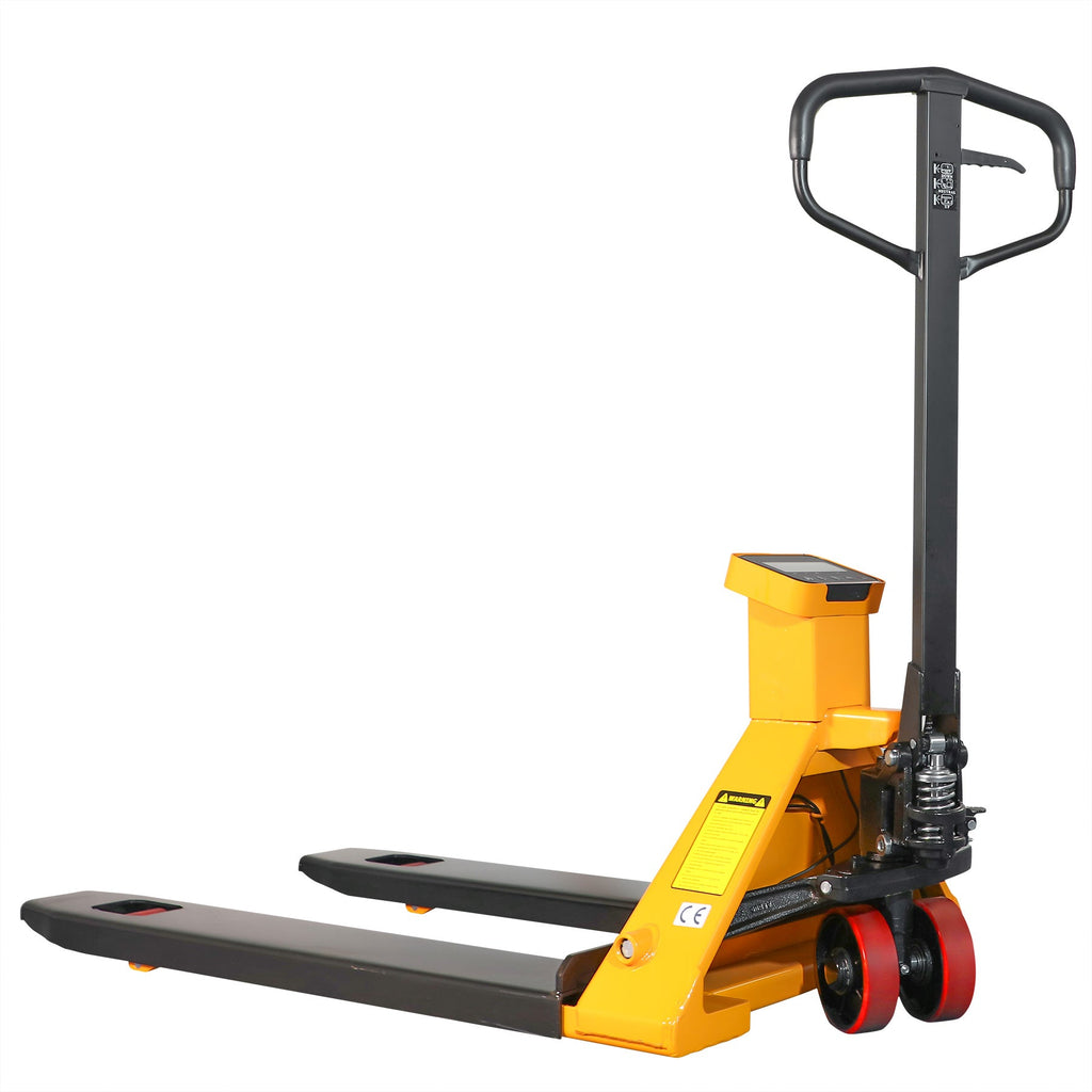Scale pallet jack with two black forks, yellow lift column, red wheel assemblies