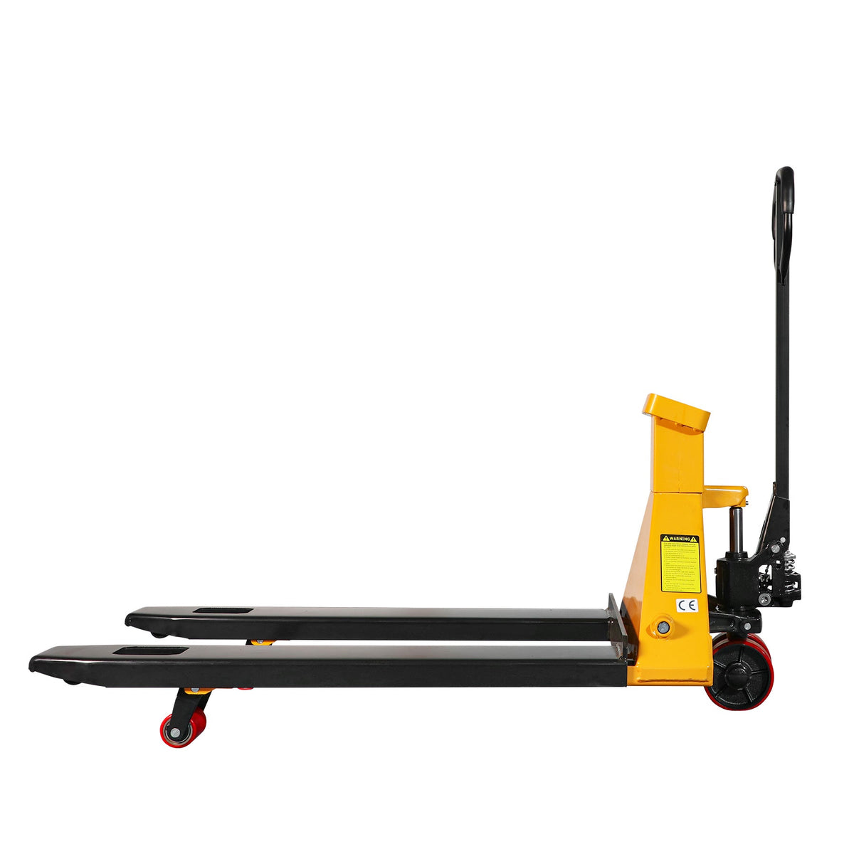 Scale pallet jack side view with black forks, yellow body, red caster wheels