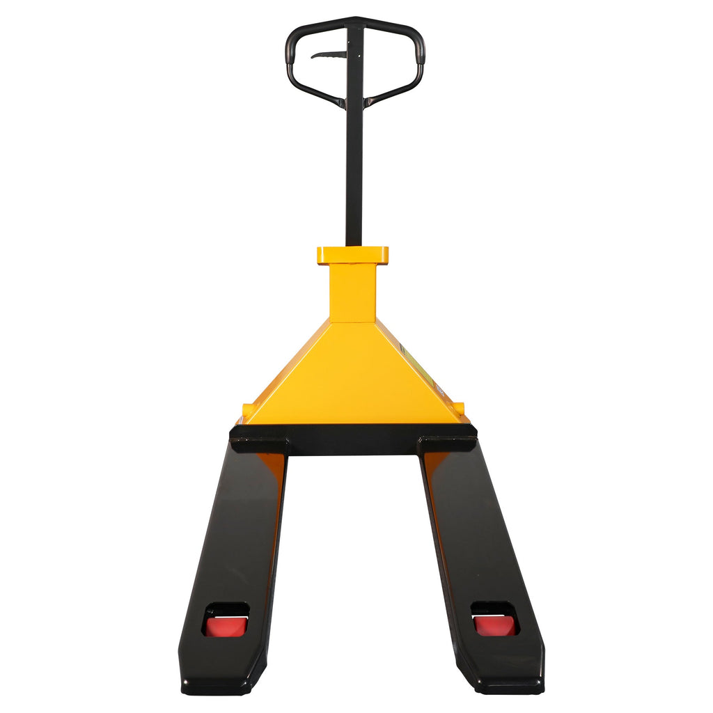 Scale pallet jack with yellow lift housing and black base forks, red wheel casters
