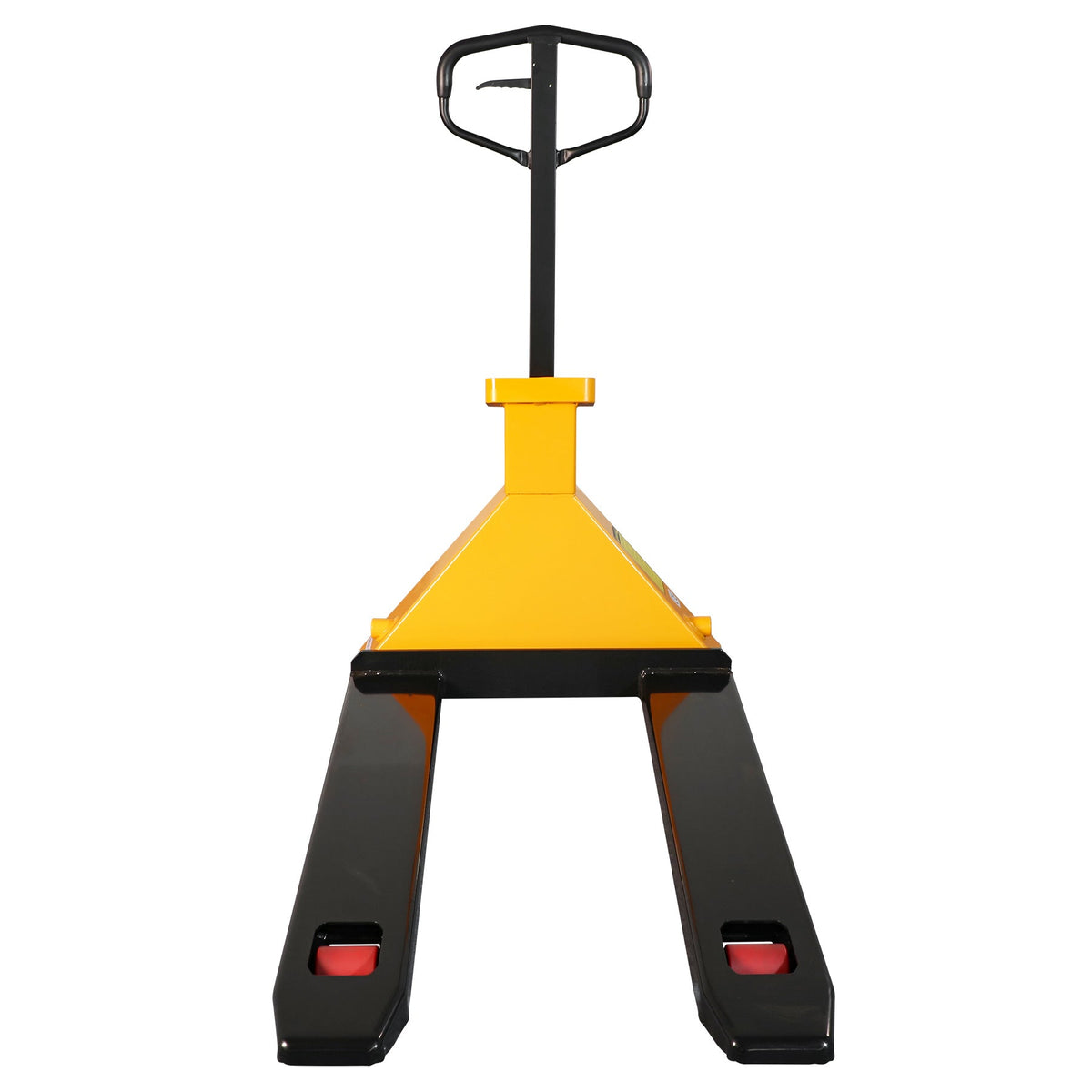Scale pallet jack with yellow lift housing and black base forks, red wheel casters