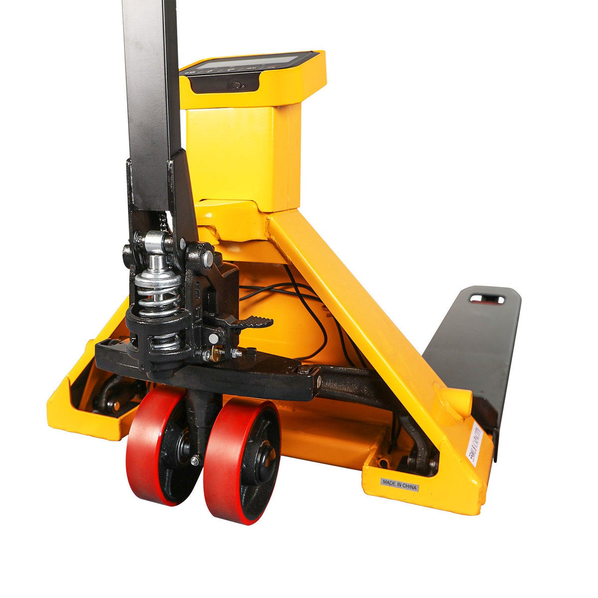 Scale pallet jack detail: yellow hydraulic pump, red wheels, black mechanism