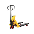 Scale pallet jack with yellow frame, black forks, red wheels, lift handle