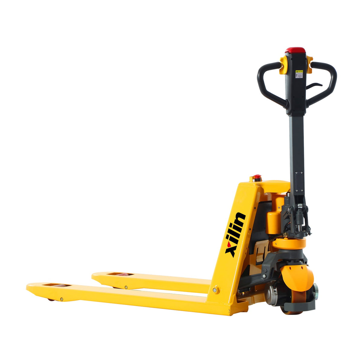 Electric pallet jack with yellow body and black control mast, side view