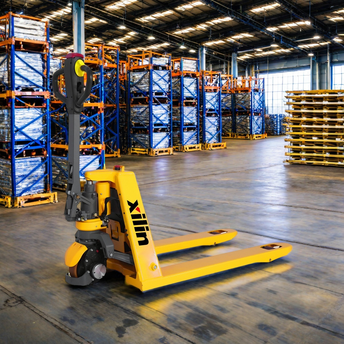 Electric pallet jack in warehouse with yellow forks and black mast near racking
