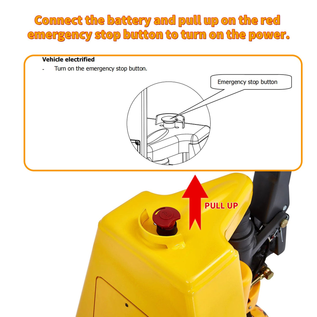 Electric pallet jack emergency stop red button on yellow battery housing