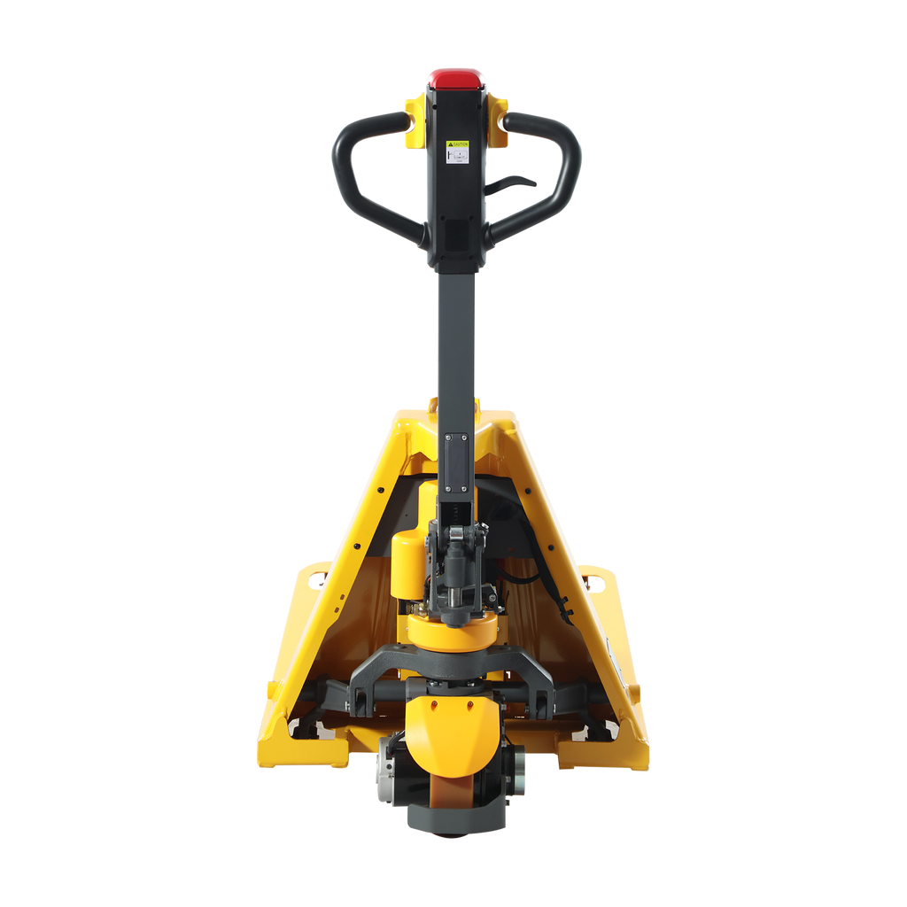 Electric pallet jack front view with yellow frame, black mast, and red top button