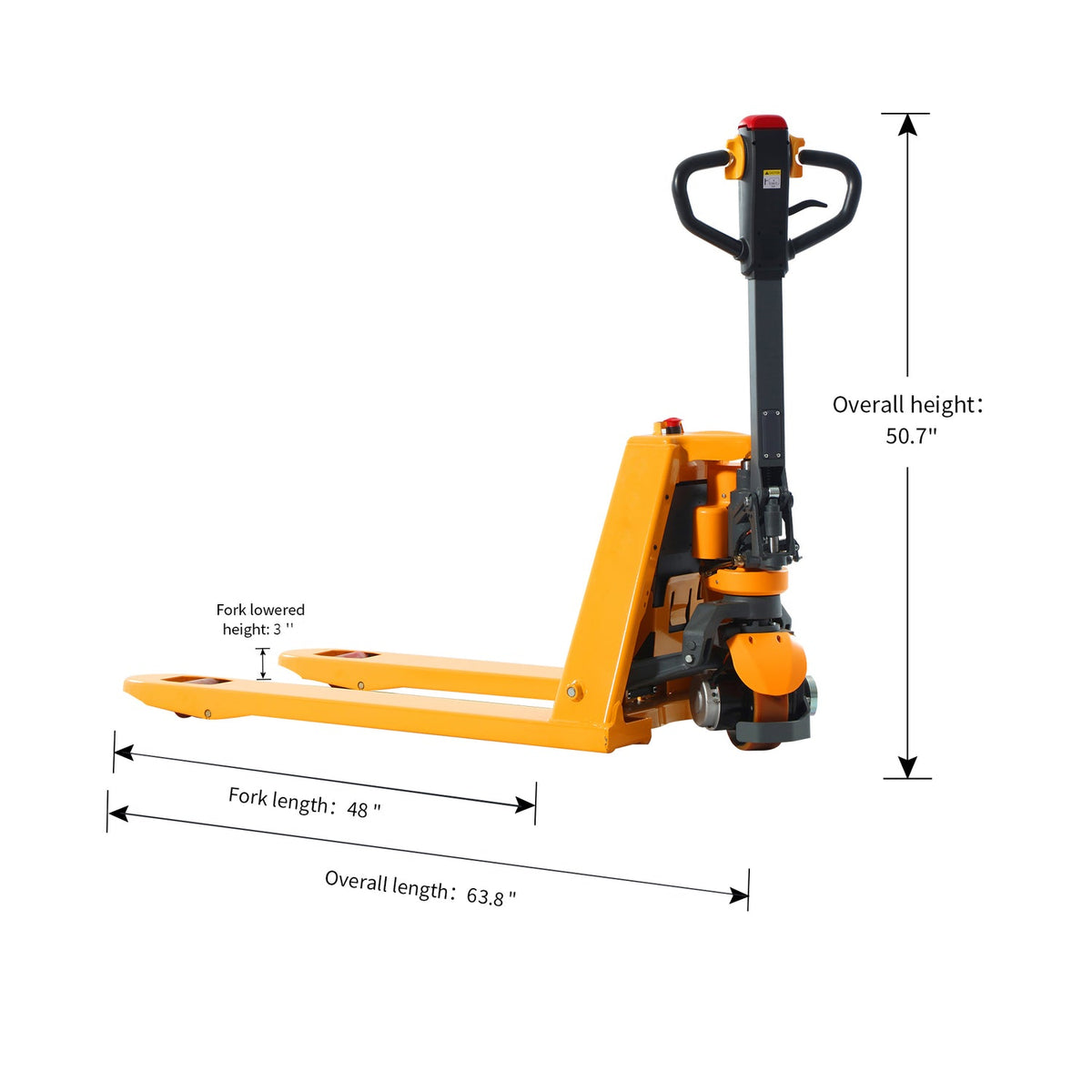 Electric pallet jack dimension diagram with fork length and overall height callouts