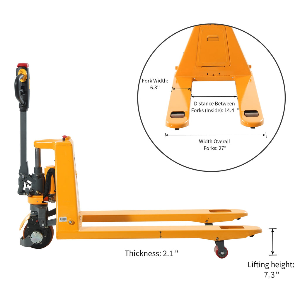 Electric pallet jack top-view diagram with fork-width and lifting-height labels
